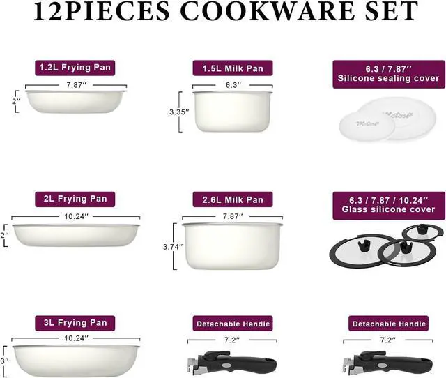 Alt view image 2 of 6 - 12pcs Pots and Pans Set, Nonstick Cookware Sets Detachable Handle, Induction Kitchen Cookware Set Non Stick with Removable Handle, RV Cookware Set, Oven Safe, White