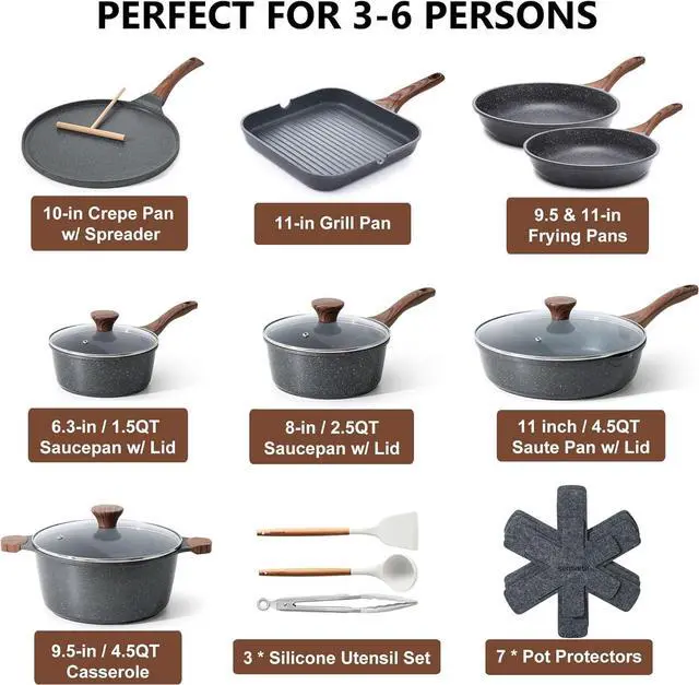 Alt view image 2 of 7 - SENSARTE Nonstick Cookware Set 23-Piece, Non Stick Pots and Pans Set with Swiss Granite Coating, Healthy Kitchen Cooking Set, Stay-Cool Handles