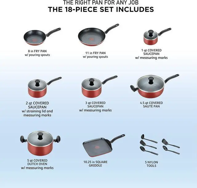 Alt view image 2 of 7 - T-fal Initiatives Nonstick Cookware Set 18 Piece, Oven Broiler Safe 350F, Kitchen Cooking Set w/Fry Pans, Saucepans, Saute Pan, Dutch Oven, Griddle, Pots and Pans, Home, Dishwasher Safe, Red