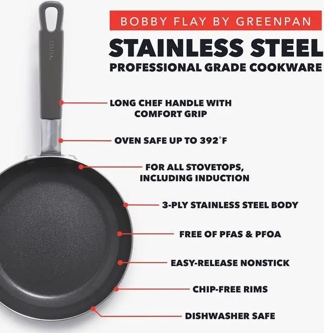 Alt view image 4 of 7 - GreenPan x Bobby Flay Stainless Steel 8 & 10 Frying Pan Skillet Set, Professional Grade Tri Ply, PFAS-Free Ceramic Nonstick, Induction Suitable, Dishwasher & Oven Safe, Stay Cool Handle