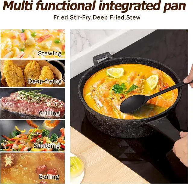 Alt view image 4 of 7 - Nonstick Deep Frying Pan Skillet with Lid, 12 Inch Large Skillet, 5 Quarts Saute Pan, Granite Stone Non Stick Cooking Pan, Induction Compatible, PFOA Free