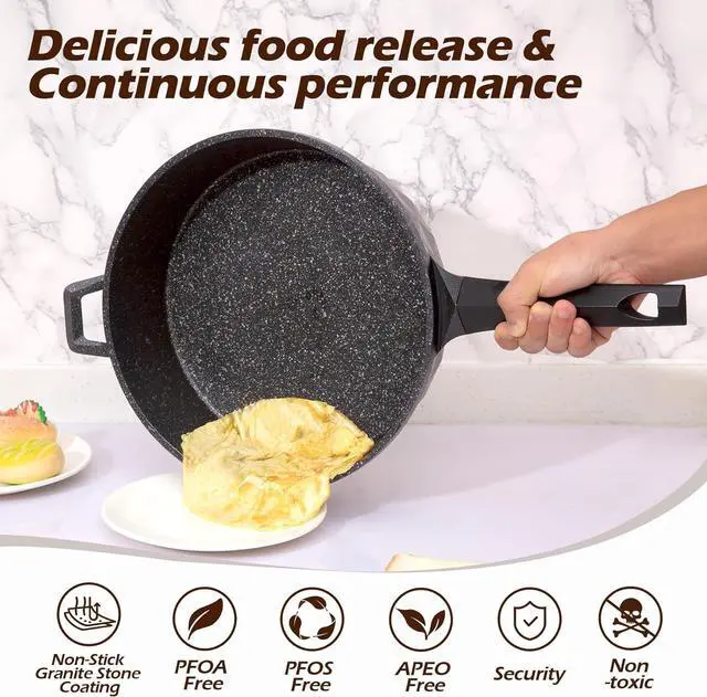 Alt view image 2 of 7 - Nonstick Deep Frying Pan Skillet with Lid, 12 Inch Large Skillet, 5 Quarts Saute Pan, Granite Stone Non Stick Cooking Pan, Induction Compatible, PFOA Free