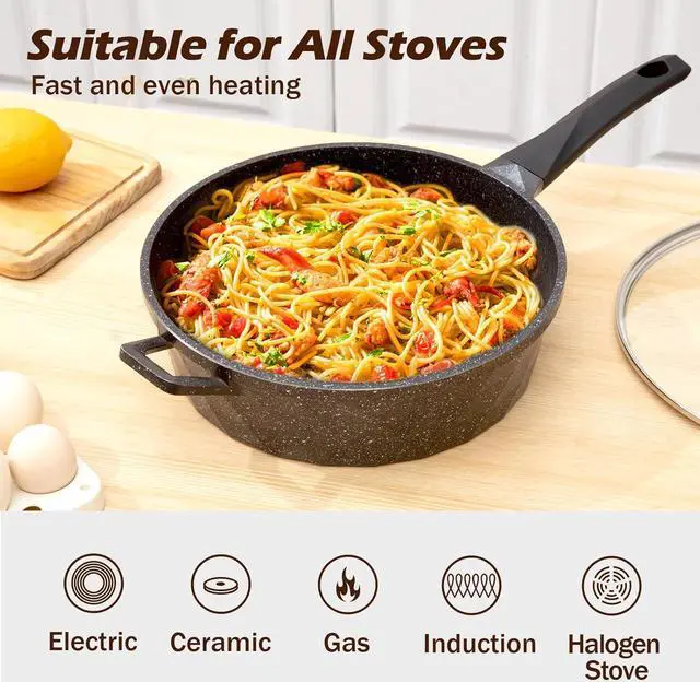 Alt view image 3 of 7 - Nonstick Deep Frying Pan Skillet with Lid, 12 Inch Large Skillet, 5 Quarts Saute Pan, Granite Stone Non Stick Cooking Pan, Induction Compatible, PFOA Free