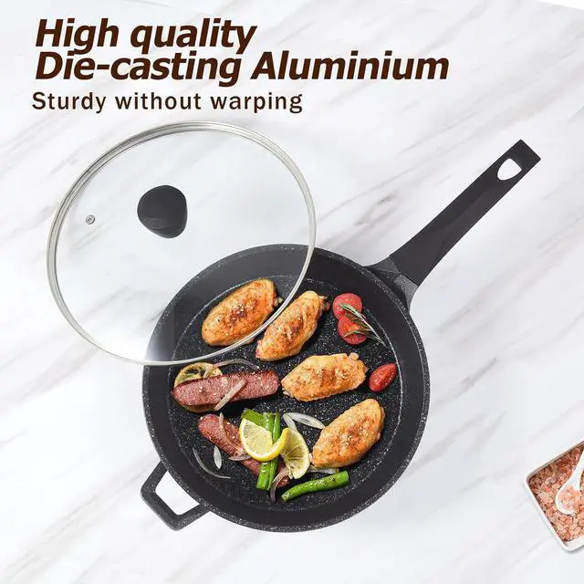 Alt view image 5 of 7 - Nonstick Deep Frying Pan Skillet with Lid, 12 Inch Large Skillet, 5 Quarts Saute Pan, Granite Stone Non Stick Cooking Pan, Induction Compatible, PFOA Free