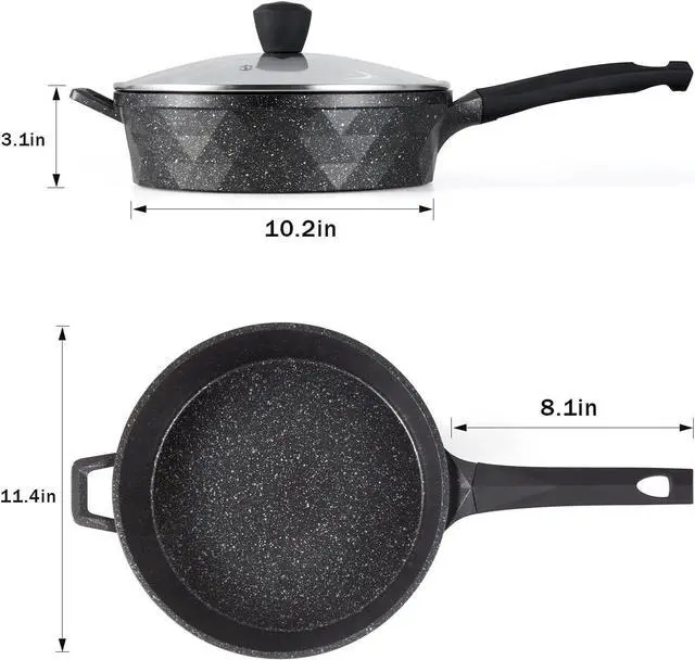 Alt view image 7 of 7 - Nonstick Deep Frying Pan Skillet with Lid, 12 Inch Large Skillet, 5 Quarts Saute Pan, Granite Stone Non Stick Cooking Pan, Induction Compatible, PFOA Free