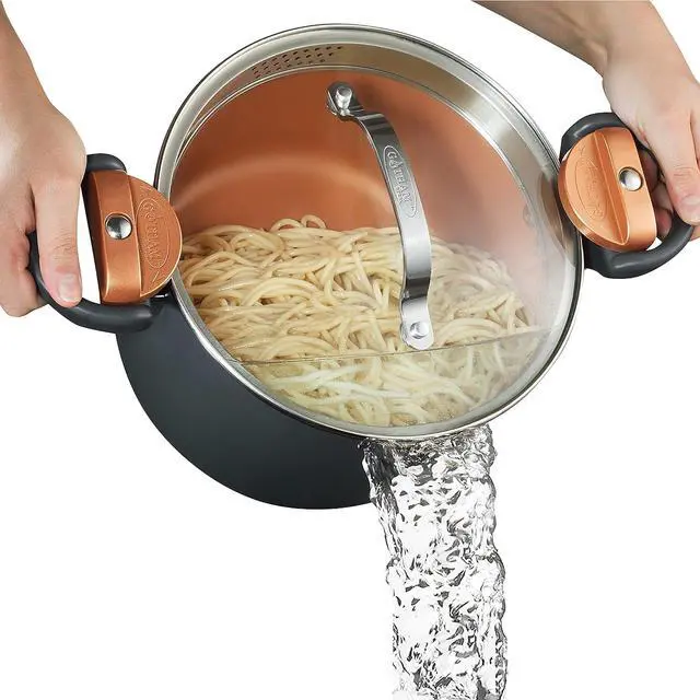 Main image of GOTHAM STEEL 5 Qt Ceramic Stock Pot Multipurpose Pasta Pot with Strainer Lid & Twist and Lock Handles, Nonstick Ceramic Pot for Soup, Spaghetti, Rice, Pots for Kitchen, Dishwasher Safe - Copper