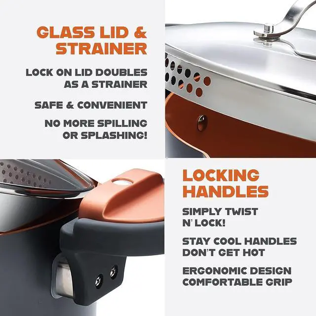 Alt view image 3 of 7 - GOTHAM STEEL 5 Qt Ceramic Stock Pot Multipurpose Pasta Pot with Strainer Lid & Twist and Lock Handles, Nonstick Ceramic Pot for Soup, Spaghetti, Rice, Pots for Kitchen, Dishwasher Safe - Copper