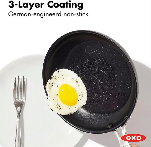 Alt view image 3 of 7 - OXO Good Grips Pro, 9.5" Frying Pan Kitchen Skillet with Lid, 3-Layered German Engineered Nonstick Coating, Dishwasher Safe, Oven & Broiler Safe, Stainless Steel Handle, Black