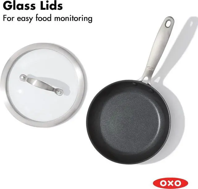 Alt view image 4 of 7 - OXO Good Grips Pro, 9.5" Frying Pan Kitchen Skillet with Lid, 3-Layered German Engineered Nonstick Coating, Dishwasher Safe, Oven & Broiler Safe, Stainless Steel Handle, Black