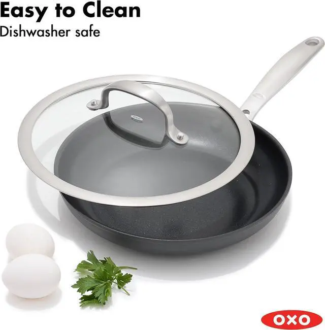 Alt view image 5 of 7 - OXO Good Grips Pro, 9.5" Frying Pan Kitchen Skillet with Lid, 3-Layered German Engineered Nonstick Coating, Dishwasher Safe, Oven & Broiler Safe, Stainless Steel Handle, Black