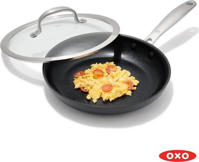 Alt view image 7 of 7 - OXO Good Grips Pro, 9.5" Frying Pan Kitchen Skillet with Lid, 3-Layered German Engineered Nonstick Coating, Dishwasher Safe, Oven & Broiler Safe, Stainless Steel Handle, Black