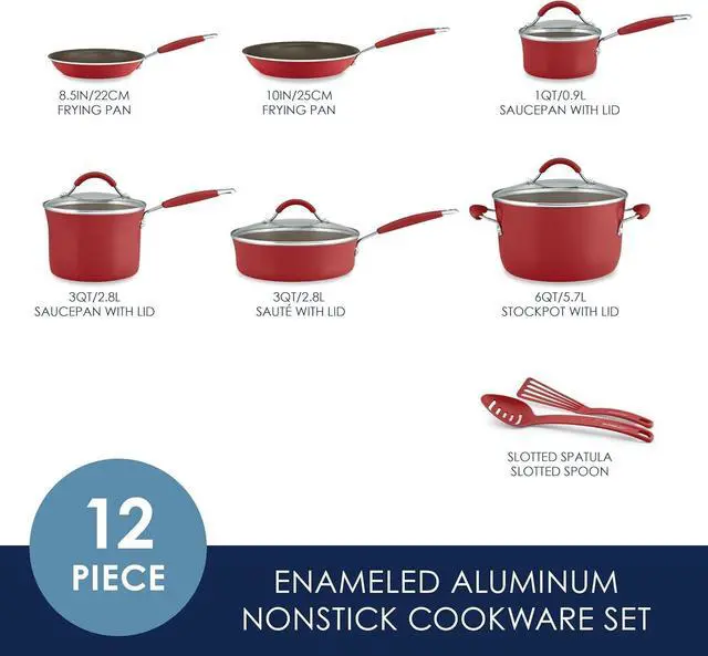 Alt view image 2 of 7 - Rachael Ray Cucina Nonstick Cookware Pots and Pans Set, 12 Piece, Cranberry Red