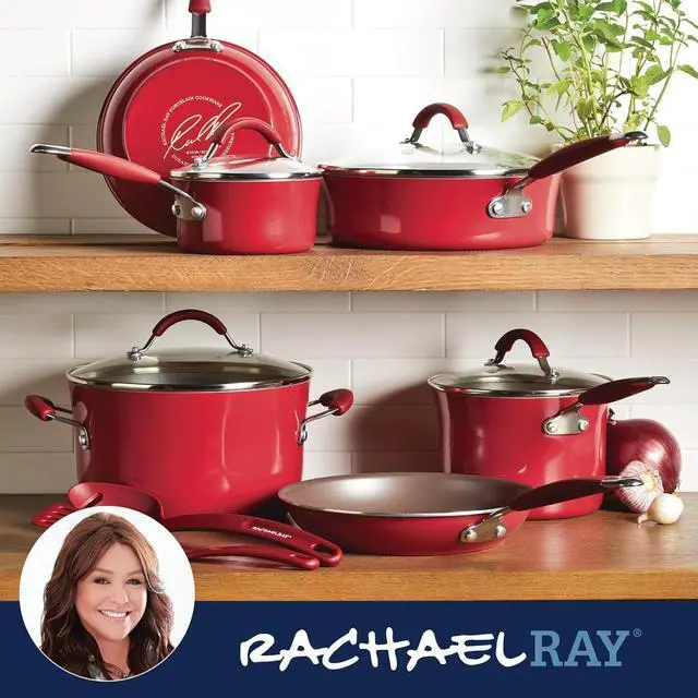 Alt view image 7 of 7 - Rachael Ray Cucina Nonstick Cookware Pots and Pans Set, 12 Piece, Cranberry Red
