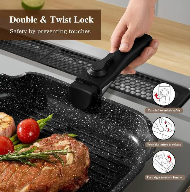Alt view image 4 of 7 - 20 Pcs Pots and Pans Set Non Stick, Ceramic Cookware Set Detachable Handle, RV Kitchen Cooking Set Removeable Handles, Oven Safe, Induction Ready, Stackable Non-stick, Black