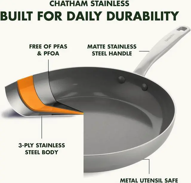 Alt view image 3 of 7 - GreenPan Chatham Tri-Ply Stainless Steel Healthy Ceramic Nonstick 10" Frying Pan Skillet, PFAS-Free, Induction Suitable, Dishwasher Safe, Silver