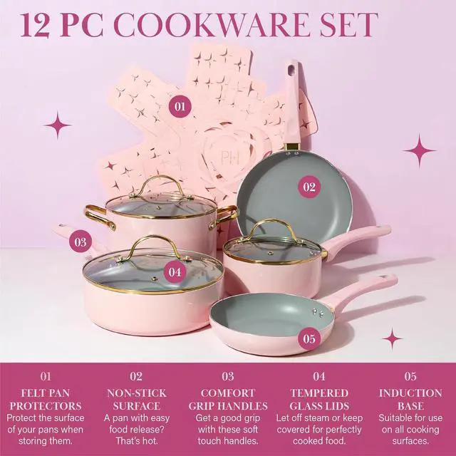 Alt view image 3 of 7 - Paris Hilton Epic Nonstick Pots and Pans Set, Multi-layer Nonstick Coating, Tempered Glass Lids, Soft Touch, Stay Cool Handles, Made without PFOA, Dishwasher Safe Cookware Set, 12-Piece, Pink