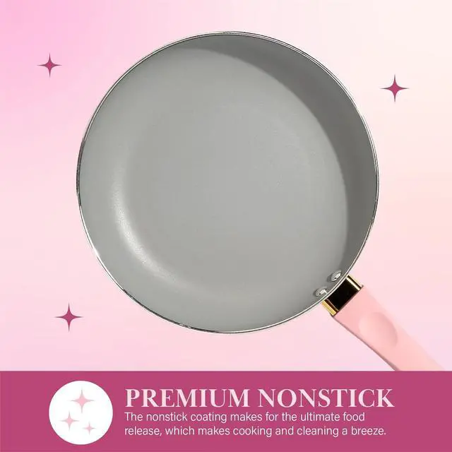 Alt view image 5 of 7 - Paris Hilton Epic Nonstick Pots and Pans Set, Multi-layer Nonstick Coating, Tempered Glass Lids, Soft Touch, Stay Cool Handles, Made without PFOA, Dishwasher Safe Cookware Set, 12-Piece, Pink
