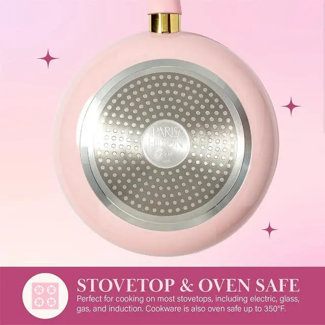 Alt view image 6 of 7 - Paris Hilton Epic Nonstick Pots and Pans Set, Multi-layer Nonstick Coating, Tempered Glass Lids, Soft Touch, Stay Cool Handles, Made without PFOA, Dishwasher Safe Cookware Set, 12-Piece, Pink