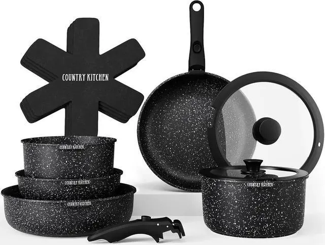 Main image of Country Kitchen Cookware Set with Removable Handle, Oven & RV Safe Pots and Pans Set, Black, Original