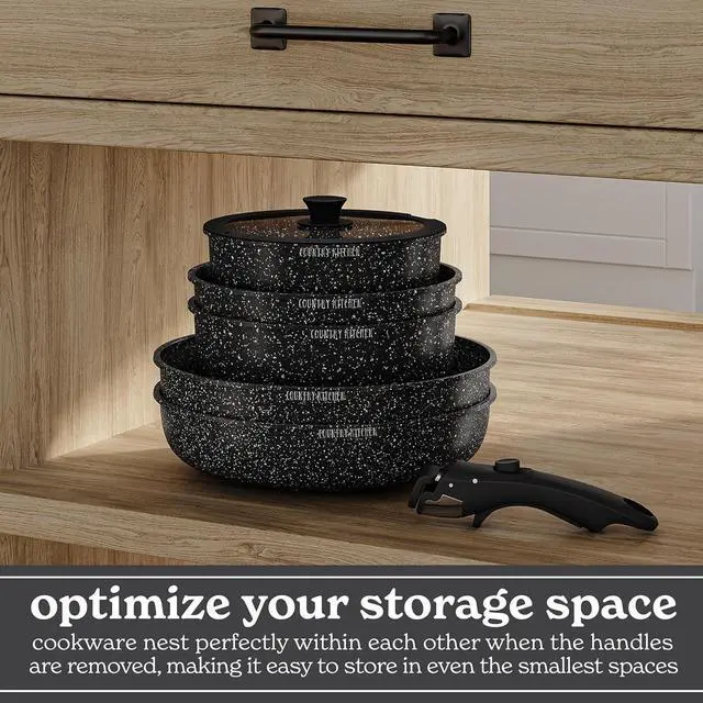Alt view image 5 of 7 - Country Kitchen Cookware Set with Removable Handle, Oven & RV Safe Pots and Pans Set, Black, Original