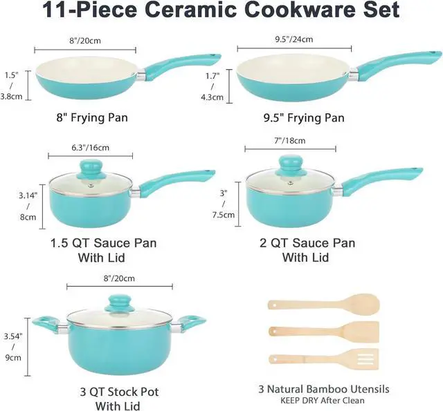 Alt view image 2 of 6 - Pots and Pans Set Nonstick, 11pcs Kitchen Cookware Sets Induction Cookware, Ceramic Non Stick Cooking Set, Stay Cool Handle & Bamboo Kitchen Utensils, 100% PFOA Free, Turquoise
