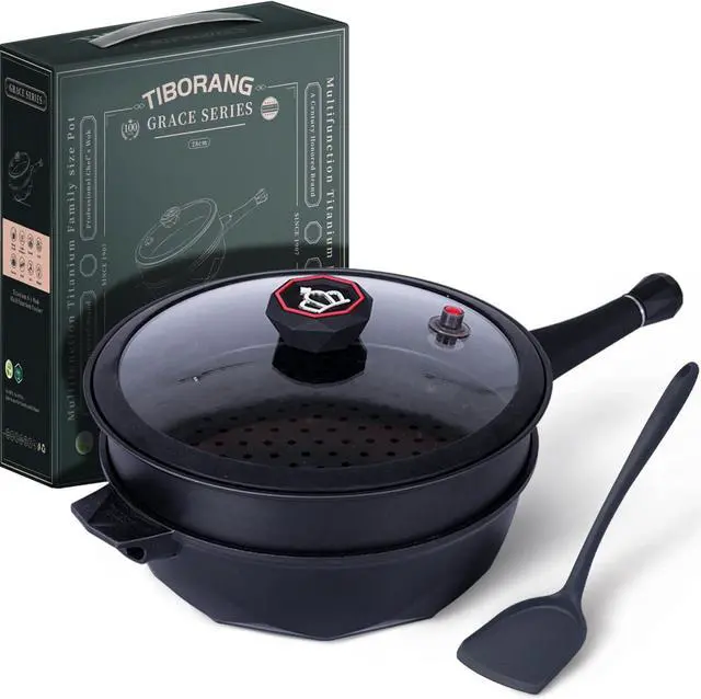 Main image of TIBORANG 8 in 1 Multipurpose 11 Inch 5 Quart Heat Indicator Nonstick Deep Frying Pan with Glass Lid, Stay-cool Handle, Steamed Grid, PFOA-Free,Dishwasher&Oven Safe,Works with All Stovetops (Black)