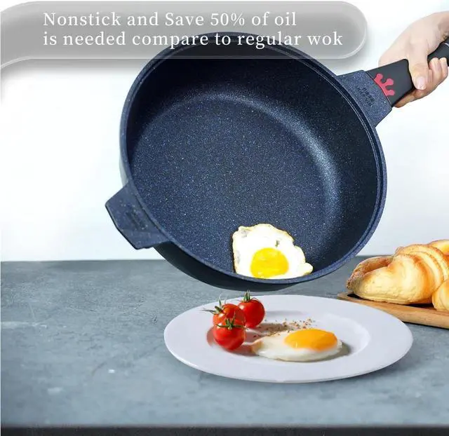 Alt view image 4 of 7 - TIBORANG 8 in 1 Multipurpose 11 Inch 5 Quart Heat Indicator Nonstick Deep Frying Pan with Glass Lid, Stay-cool Handle, Steamed Grid, PFOA-Free,Dishwasher&Oven Safe,Works with All Stovetops (Black)