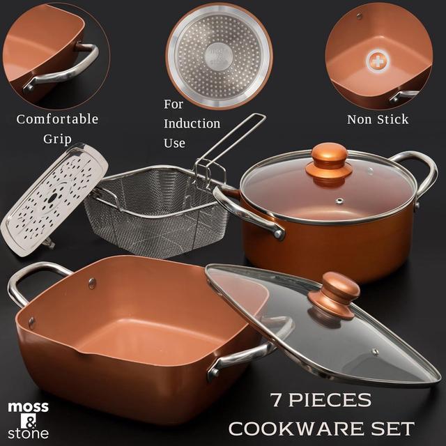Alt view image 2 of 7 - Moss & Stone 7 Pcs Copper Pots And Pans Set, Copper Chef Cookware Non Stick, Square Copper Pans for Cooking, Round Copper Pot & Fry Basket, Oven Safe 5 Quart Deep Frying Pan, Induction Cookware Set