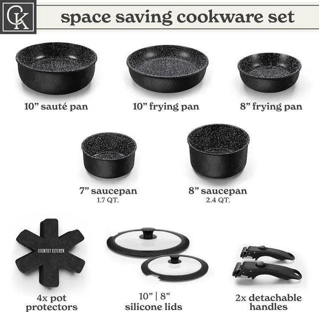 Alt view image 3 of 7 - Country Kitchen Cookware Set with Removable Handle, Oven & RV Safe Pots and Pans Set, Black Rhombus, Original