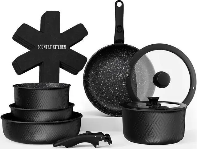 Main image of Country Kitchen Cookware Set with Removable Handle, Oven & RV Safe Pots and Pans Set, Black Rhombus, Original