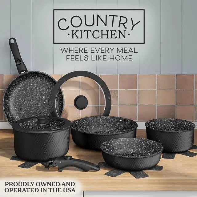 Alt view image 2 of 7 - Country Kitchen Cookware Set with Removable Handle, Oven & RV Safe Pots and Pans Set, Black Rhombus, Original