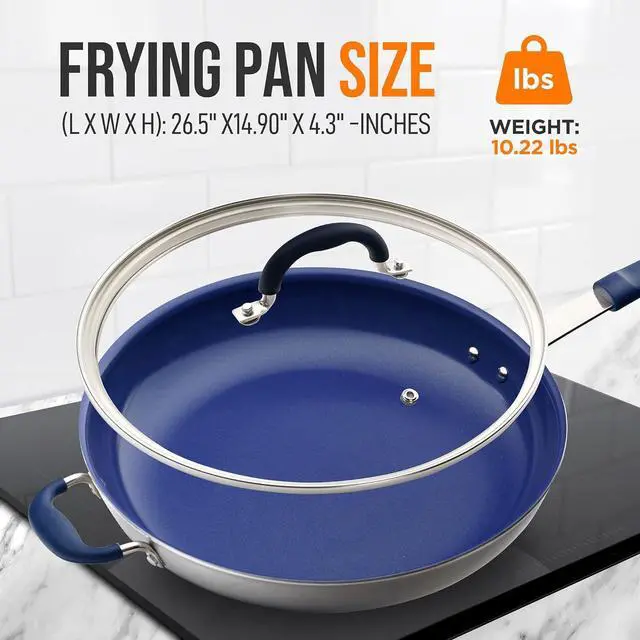 Alt view image 2 of 7 - NutriChef 14" Fry Pan With Lid - Extra Large Skillet Nonstick Frying Pan with Silicone Handle, Ceramic Coating, Blue Silicone Handle, Stain-Resistant And Easy To Clean, Professional Home Cookware