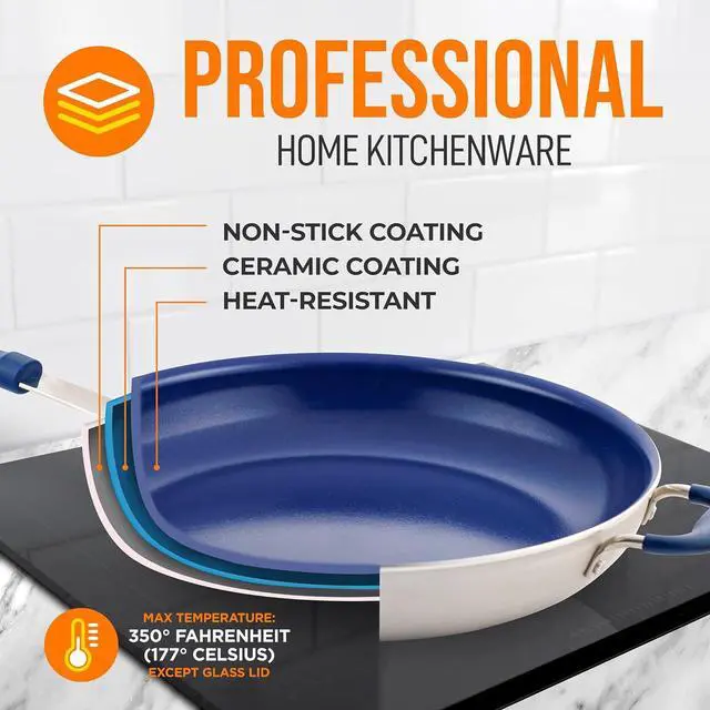 Alt view image 3 of 7 - NutriChef 14" Fry Pan With Lid - Extra Large Skillet Nonstick Frying Pan with Silicone Handle, Ceramic Coating, Blue Silicone Handle, Stain-Resistant And Easy To Clean, Professional Home Cookware