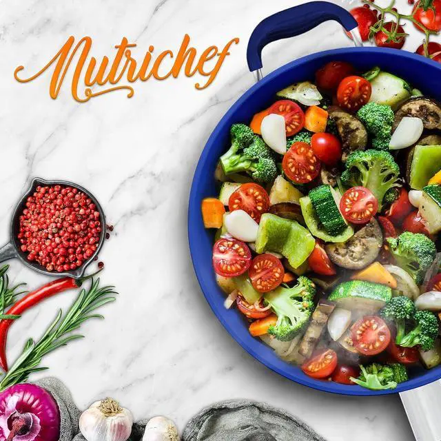 Alt view image 7 of 7 - NutriChef 14" Fry Pan With Lid - Extra Large Skillet Nonstick Frying Pan with Silicone Handle, Ceramic Coating, Blue Silicone Handle, Stain-Resistant And Easy To Clean, Professional Home Cookware