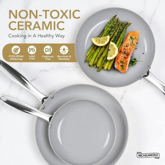 Alt view image 2 of 7 - MICHELANGELO Non Stick Frying Pans - 8 Inch Nonstick Frying Pan with Lid, Small Frying Pan Nonstick, Non Toxic Frying Pan, Ceramic-Coated, Beige