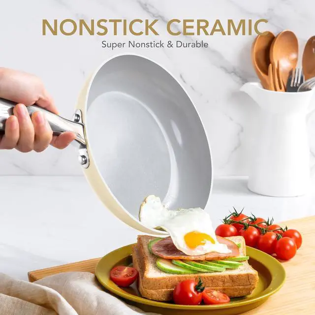 Alt view image 3 of 7 - MICHELANGELO Non Stick Frying Pans - 8 Inch Nonstick Frying Pan with Lid, Small Frying Pan Nonstick, Non Toxic Frying Pan, Ceramic-Coated, Beige