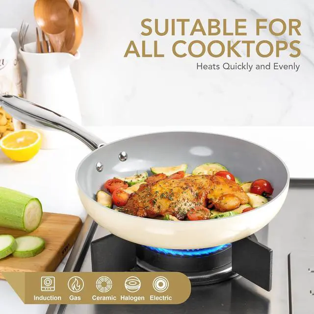Alt view image 4 of 7 - MICHELANGELO Non Stick Frying Pans - 8 Inch Nonstick Frying Pan with Lid, Small Frying Pan Nonstick, Non Toxic Frying Pan, Ceramic-Coated, Beige