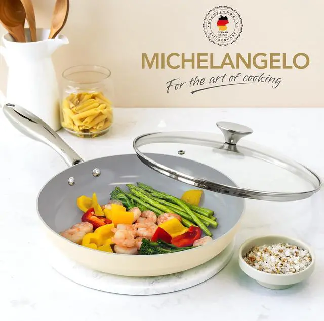 Alt view image 6 of 7 - MICHELANGELO Non Stick Frying Pans - 8 Inch Nonstick Frying Pan with Lid, Small Frying Pan Nonstick, Non Toxic Frying Pan, Ceramic-Coated, Beige