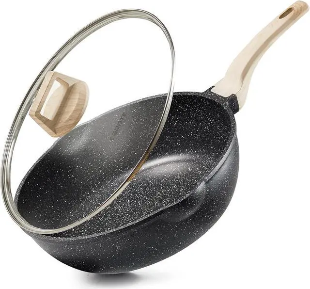 Main image of CAROTE 12Inch Nonstick Deep Frying Pan with Lid, 5.5 Qt Jumbo Cooker Saute Pan with Pour Spout, Skillet Induction Cookware, Non Stick Cooking Pan PFOA Free, Classic Granite