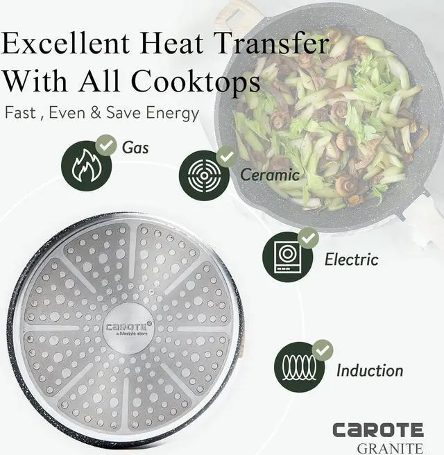 Alt view image 6 of 7 - CAROTE 12Inch Nonstick Deep Frying Pan with Lid, 5.5 Qt Jumbo Cooker Saute Pan with Pour Spout, Skillet Induction Cookware, Non Stick Cooking Pan PFOA Free, Classic Granite