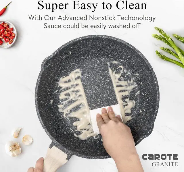 Alt view image 5 of 7 - CAROTE 12Inch Nonstick Deep Frying Pan with Lid, 5.5 Qt Jumbo Cooker Saute Pan with Pour Spout, Skillet Induction Cookware, Non Stick Cooking Pan PFOA Free, Classic Granite