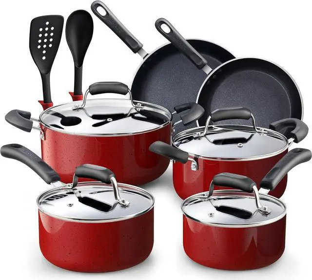 Main image of Cook N Home Pots and Pans Nonstick Cookware Set 12-Piece, Kitchen Cooking Set with Frying Pans and Saucepans, Induction Compatible, Marble Red