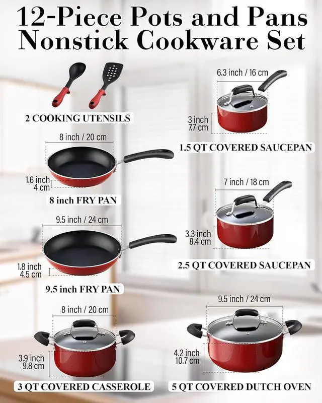 Alt view image 2 of 7 - Cook N Home Pots and Pans Nonstick Cookware Set 12-Piece, Kitchen Cooking Set with Frying Pans and Saucepans, Induction Compatible, Marble Red