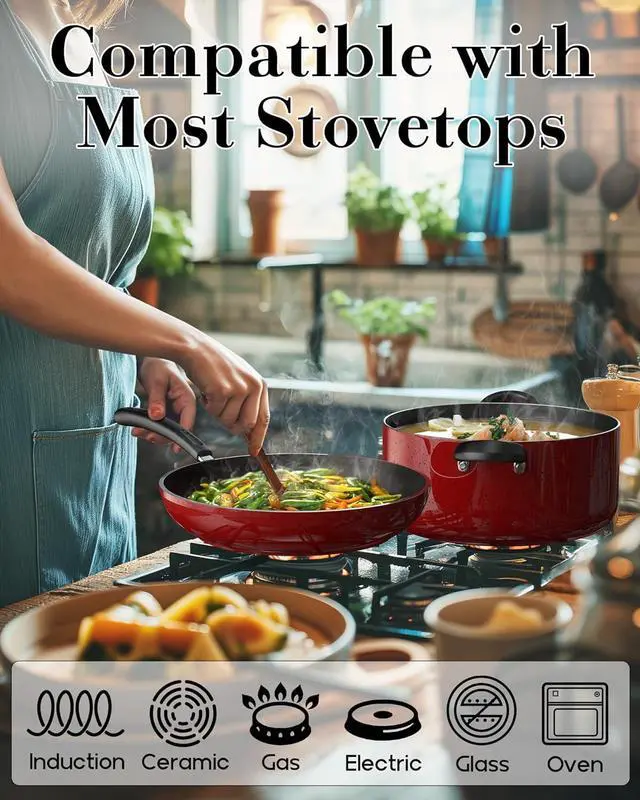 Alt view image 3 of 7 - Cook N Home Pots and Pans Nonstick Cookware Set 12-Piece, Kitchen Cooking Set with Frying Pans and Saucepans, Induction Compatible, Marble Red