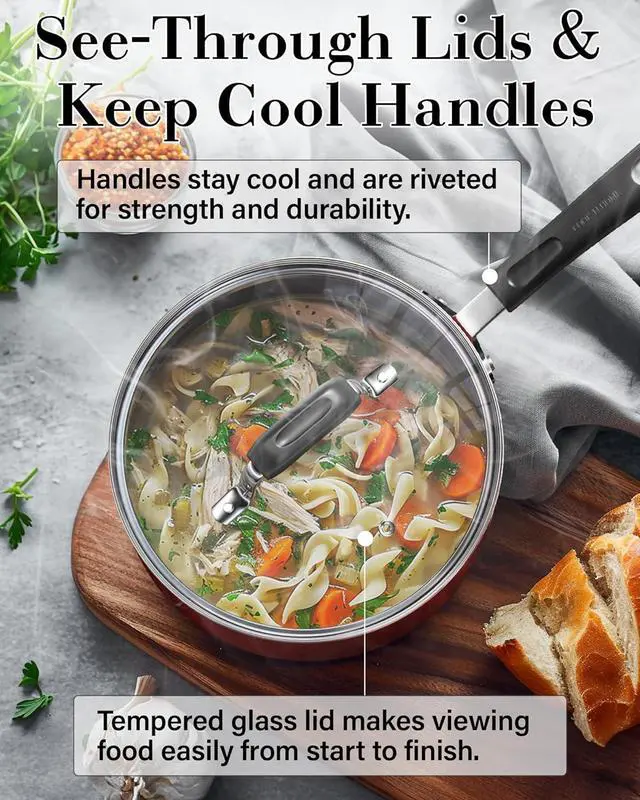 Alt view image 5 of 7 - Cook N Home Pots and Pans Nonstick Cookware Set 12-Piece, Kitchen Cooking Set with Frying Pans and Saucepans, Induction Compatible, Marble Red