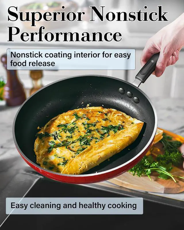 Alt view image 6 of 7 - Cook N Home Pots and Pans Nonstick Cookware Set 12-Piece, Kitchen Cooking Set with Frying Pans and Saucepans, Induction Compatible, Marble Red