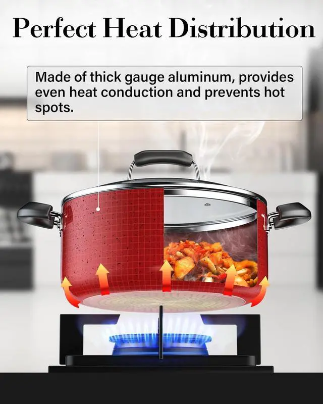 Alt view image 7 of 7 - Cook N Home Pots and Pans Nonstick Cookware Set 12-Piece, Kitchen Cooking Set with Frying Pans and Saucepans, Induction Compatible, Marble Red