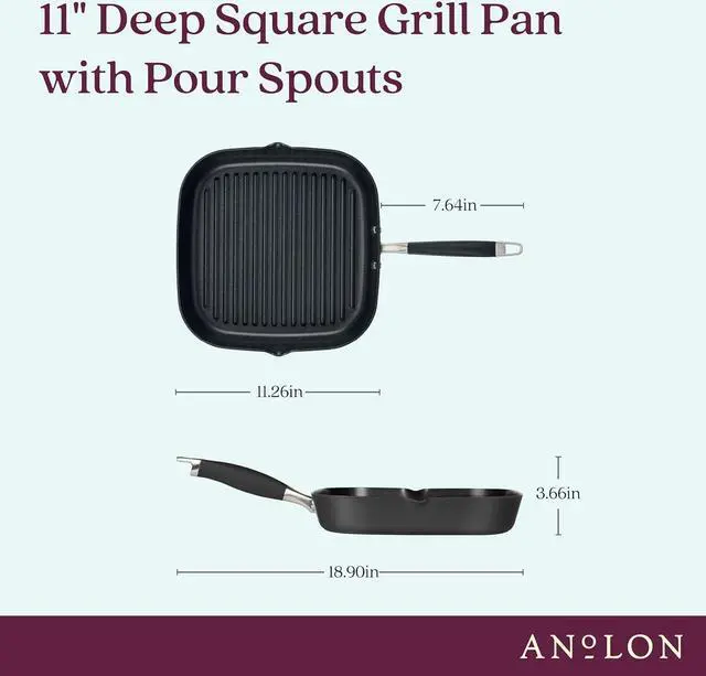 Alt view image 2 of 7 - Anolon Advanced Home Hard Anodized Nonstick Deep Square Grill/Griddle Pan with Pour Spouts, 11 Inch, Onyx