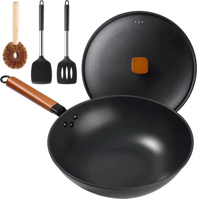Main image of Wok Pan with Lid - 13" Nonstick Wok, Carbon Steel Woks & Stir-Fry Pans with Cookwares, Flat Bottom Chinese wok for Electric, Induction and Gas Stoves