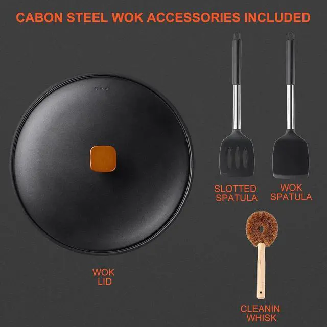Alt view image 2 of 7 - Wok Pan with Lid - 13" Nonstick Wok, Carbon Steel Woks & Stir-Fry Pans with Cookwares, Flat Bottom Chinese wok for Electric, Induction and Gas Stoves